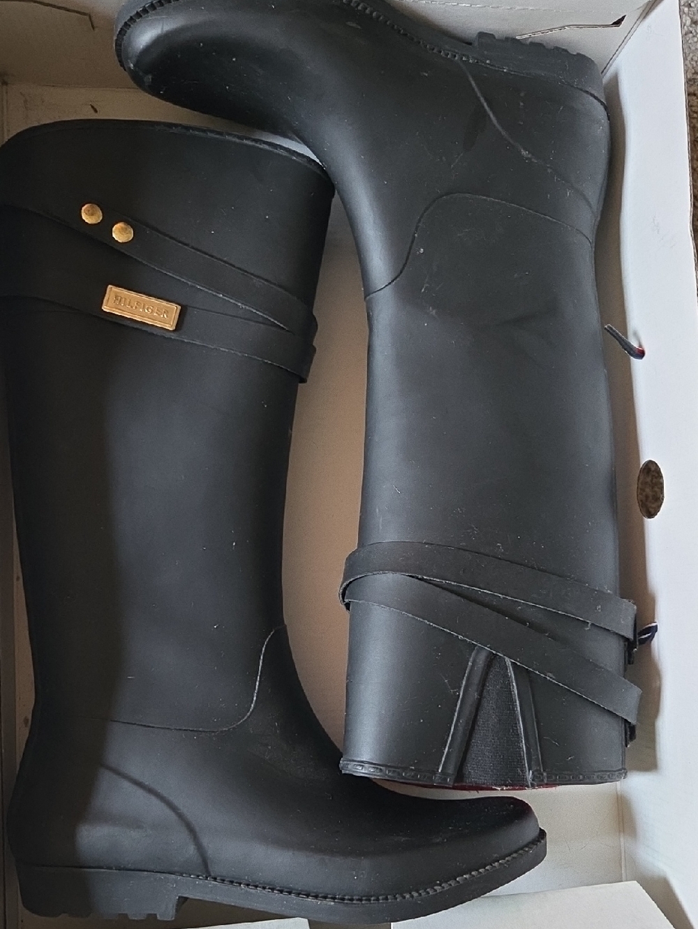 Knee High Hilfiger Black Rain Boots with Gold Accent Size 7